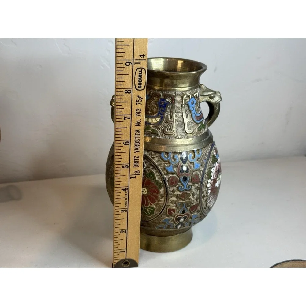 Vintage Japanese Champleve Enamel Brass Bronze Vase Urn Dragon Handle Antique